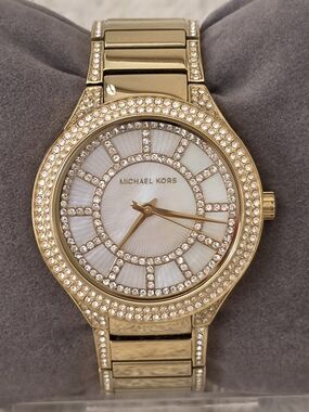 Michael Kors Gold Tone Crystal Pave Mother of Pearl MK Bracelet Watch